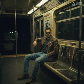 Man in brown leather jacket sitting confidently in graffiti covered subway train
