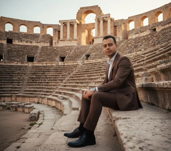 Man in brown suit sitting confidently in ancient amphitheater at sunset