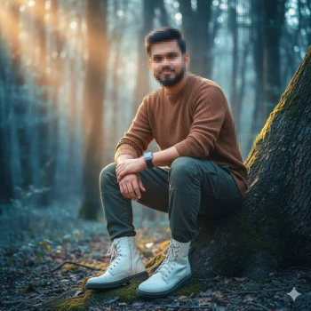 Man in brown sweater sitting by tree in sunlit forest with peaceful atmosphere