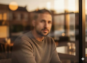 Man in brown sweater sitting by window during golden hour light