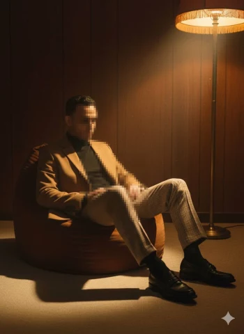 Man in camel blazer sitting under warm lamp in vintage styled room