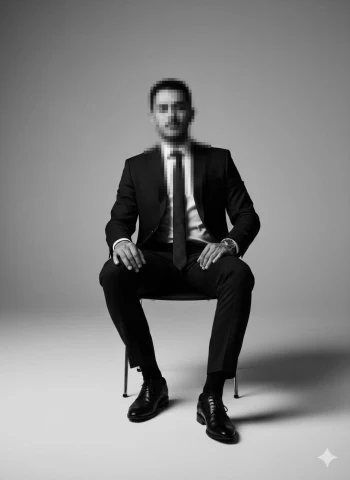 Man in classic black suit sitting confidently in studio portrait