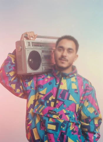 Man in Colorful Retro Jacket Holding Vintage Boombox with 80s Vibes
