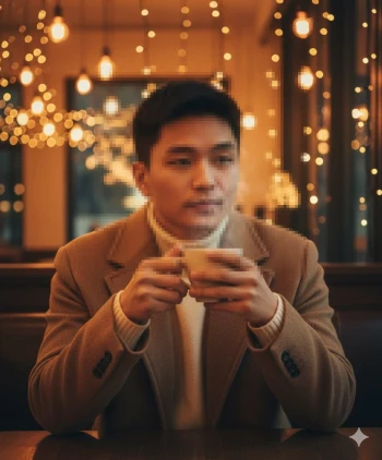 Man in Cozy Café Holding Coffee Cup with Warm Golden Lights