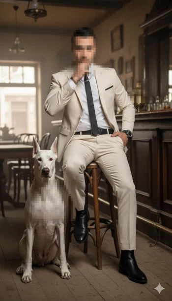Man in Cream Suit Sitting with White Dog in Vintage Bar Setting
