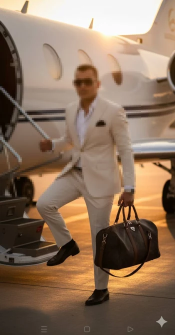 Man in cream suit walking to private jet with luxury bag at sunset