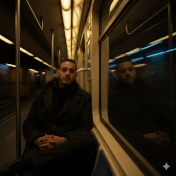 Man in dark coat sitting thoughtfully on subway train with window reflection