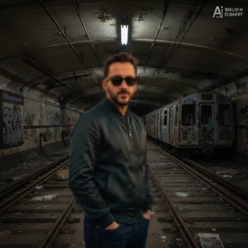 Man in dark jacket standing in abandoned subway tunnel with graffiti trains