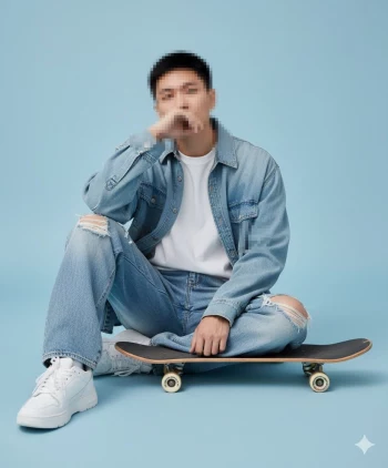 Man in denim jacket sitting with skateboard on light blue background
