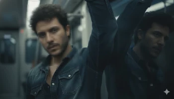 Man in Denim Shirt Standing Inside Subway Train