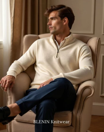 Man in elegant knitwear sitting on armchair in stylish modern interior