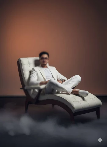 Man in elegant white suit sitting on modern chaise lounge in studio setting