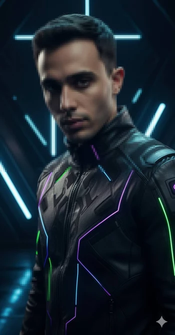 Man in Futuristic Black Jacket with Neon Lights in Sci-Fi Setting