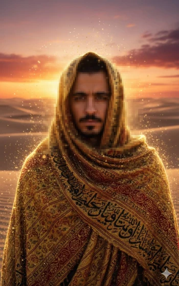 Man in Golden Traditional Shawl Standing in Desert at Sunset