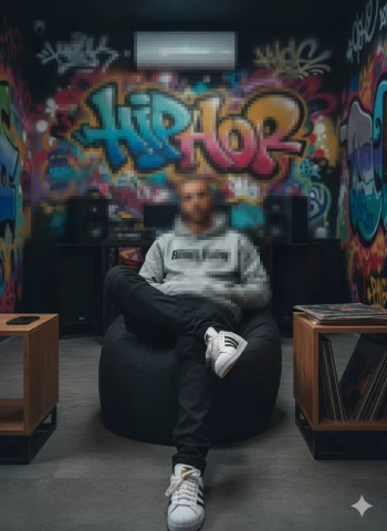 Man in Gray Hoodie Sitting in Hip Hop Studio with Colorful Graffiti Background