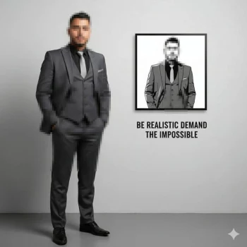 Man in Gray Suit Standing Beside Motivational Artwork in Modern Studio