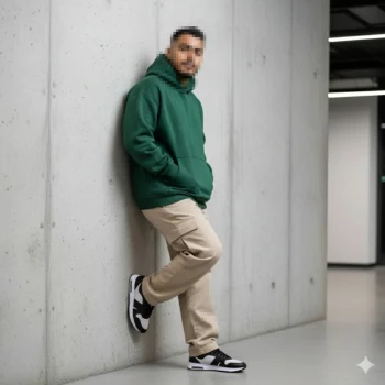 Man in Green Hoodie and Beige Pants Leaning Against Concrete Wall Indoors