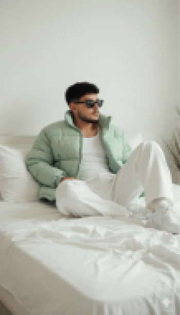 Man in green jacket and white outfit sitting on bed in minimal modern room