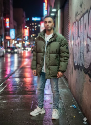 Man in Green Jacket Standing on Neon-Lit City Street at Night