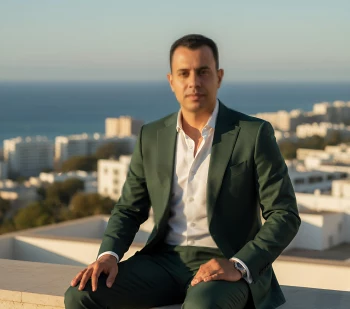 Man in green suit sitting on terrace with sea view and modern city background