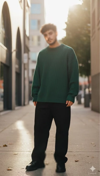 Man in green sweater posing confidently on sunlit urban street