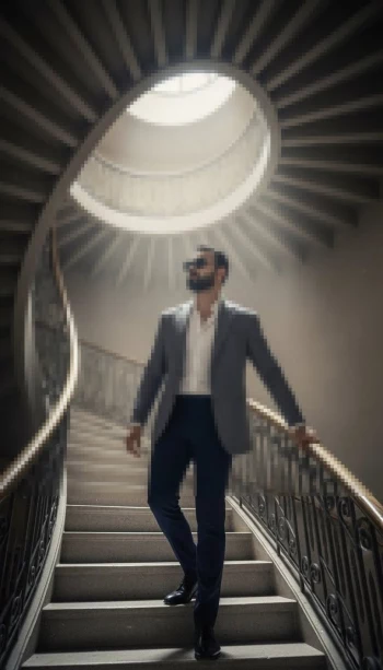 Man in grey blazer walking down an elegant spiral staircase with skylight