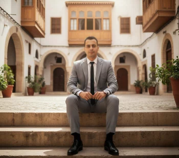 Man in grey suit sitting confidently in elegant Mediterranean courtyard