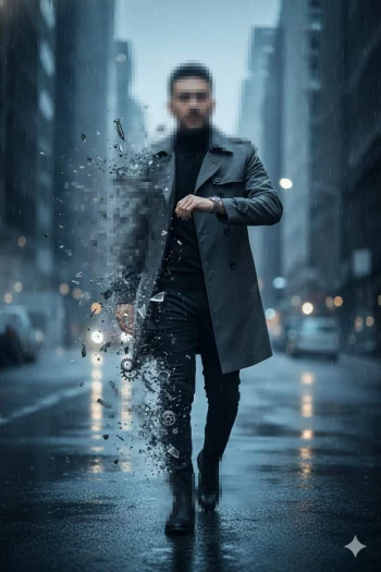 Man in grey trench coat walking in rainy city with dramatic disintegration effect