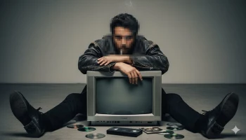 Man in leather jacket sitting with vintage TV and retro discs on the floor