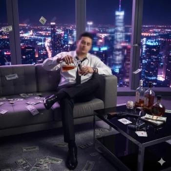 Man in luxury apartment pouring whiskey with city lights and money around