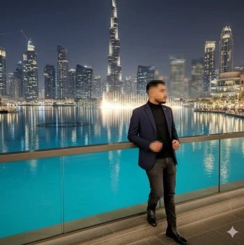 Man in navy blazer posing by city skyline and fountain at night