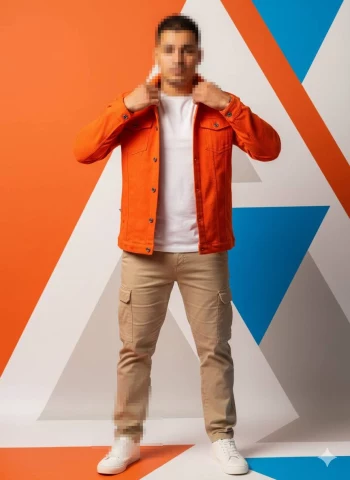 Man in orange jacket and beige pants posing confidently against geometric background