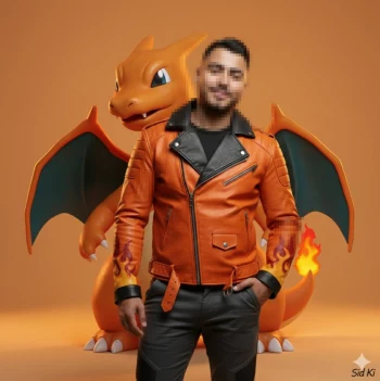 Man in orange leather jacket posing with dragon-inspired background