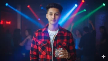 Man in red checkered shirt holding drink at nightclub with colorful lights