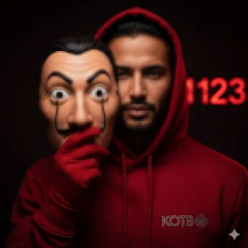 Man in red hoodie holding iconic mask with mysterious cinematic lighting