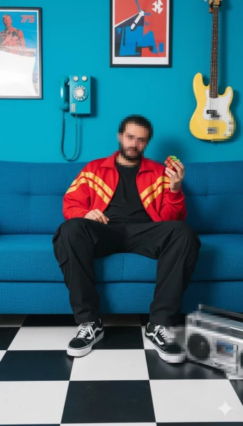 Man in red jacket sitting on blue sofa in retro room with vintage decor