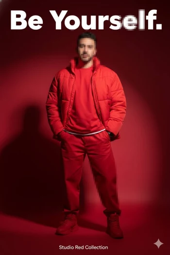 Man in red outfit posing confidently under bold studio lighting background