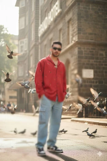 Man in red shirt and blue jeans standing on city street with flying pigeons
