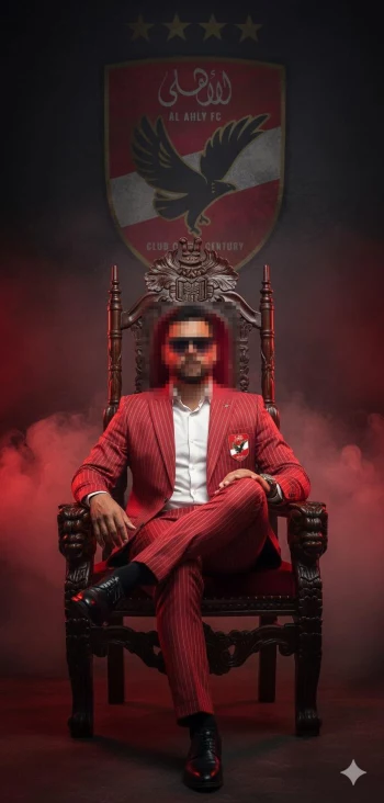 Man in Red Suit Sitting on Throne with Al Ahly FC Emblem in Dramatic Lighting