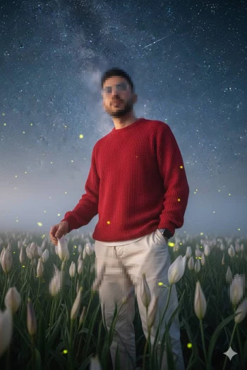 Man in red sweater standing in tulip field under starry night sky with fireflies