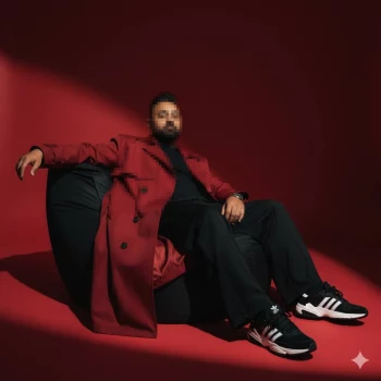 Man in red trench coat sitting on black bean bag in stylish red studio setting