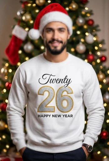 Man in Santa Hat Wearing “Twenty 26 Happy New Year” Shirt by Christmas Tree
