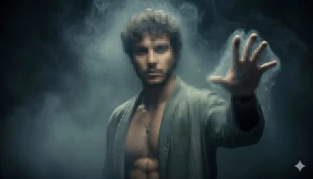 Man in Smoky Scene Reaching Forward with Intense Expression