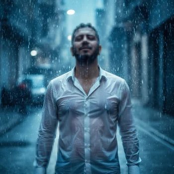 Man in Soaked White Shirt Standing Alone in Rainy City Street at Night
