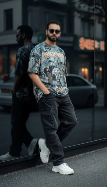 Man in streetwear outfit leaning on glass wall with urban city reflection