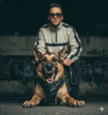 Man in Stylish Jacket with German Shepherd Dog in Urban Graffiti Background