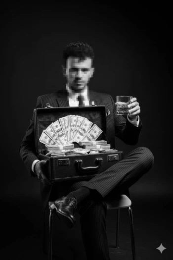 Man in Suit Holding Briefcase Full of Money and Whiskey Glass in Studio