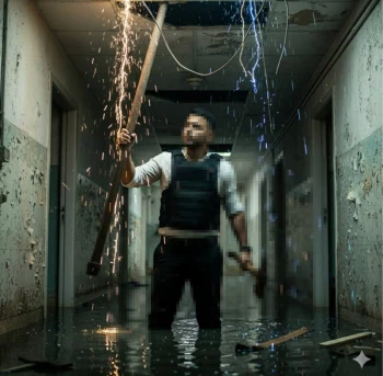 Man in Tactical Vest Standing in Flooded Hallway with Sparks Falling