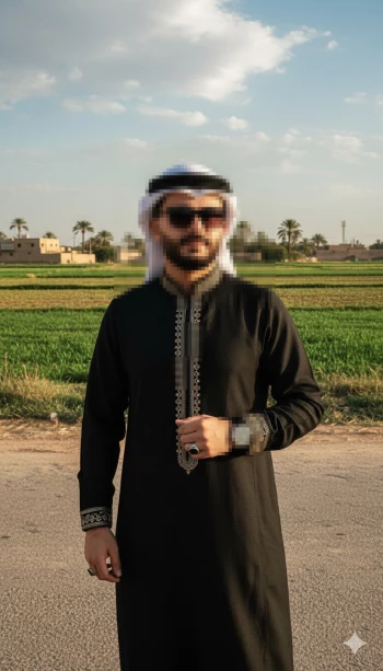 Man in traditional black thobe and white ghutra standing confidently outdoors