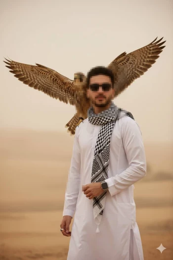 Man in Traditional White Thobe with Falcon in the Desert
